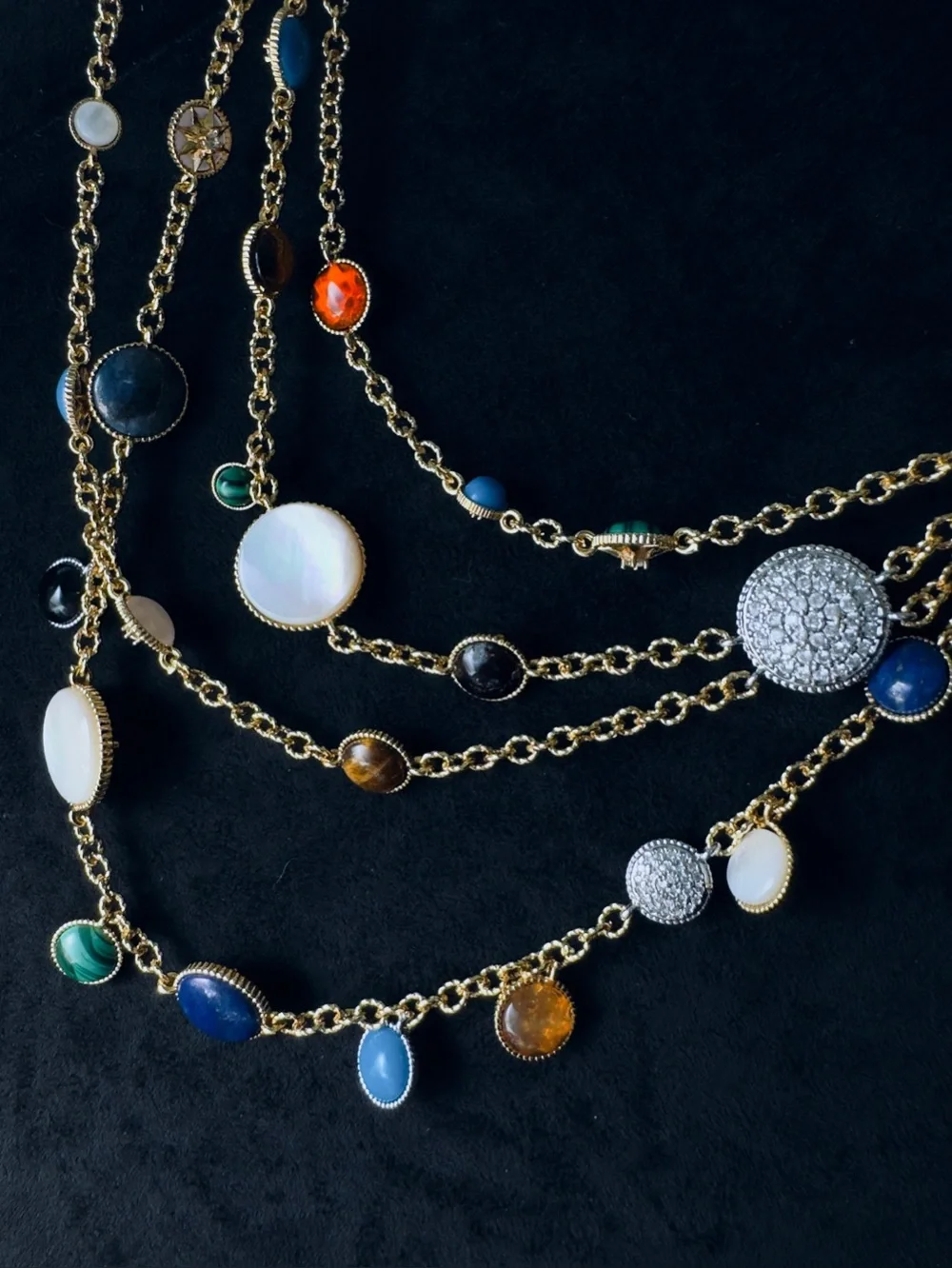 Multicolor Gemstone Disc Station Gold Chain Necklace - Women Jewelry